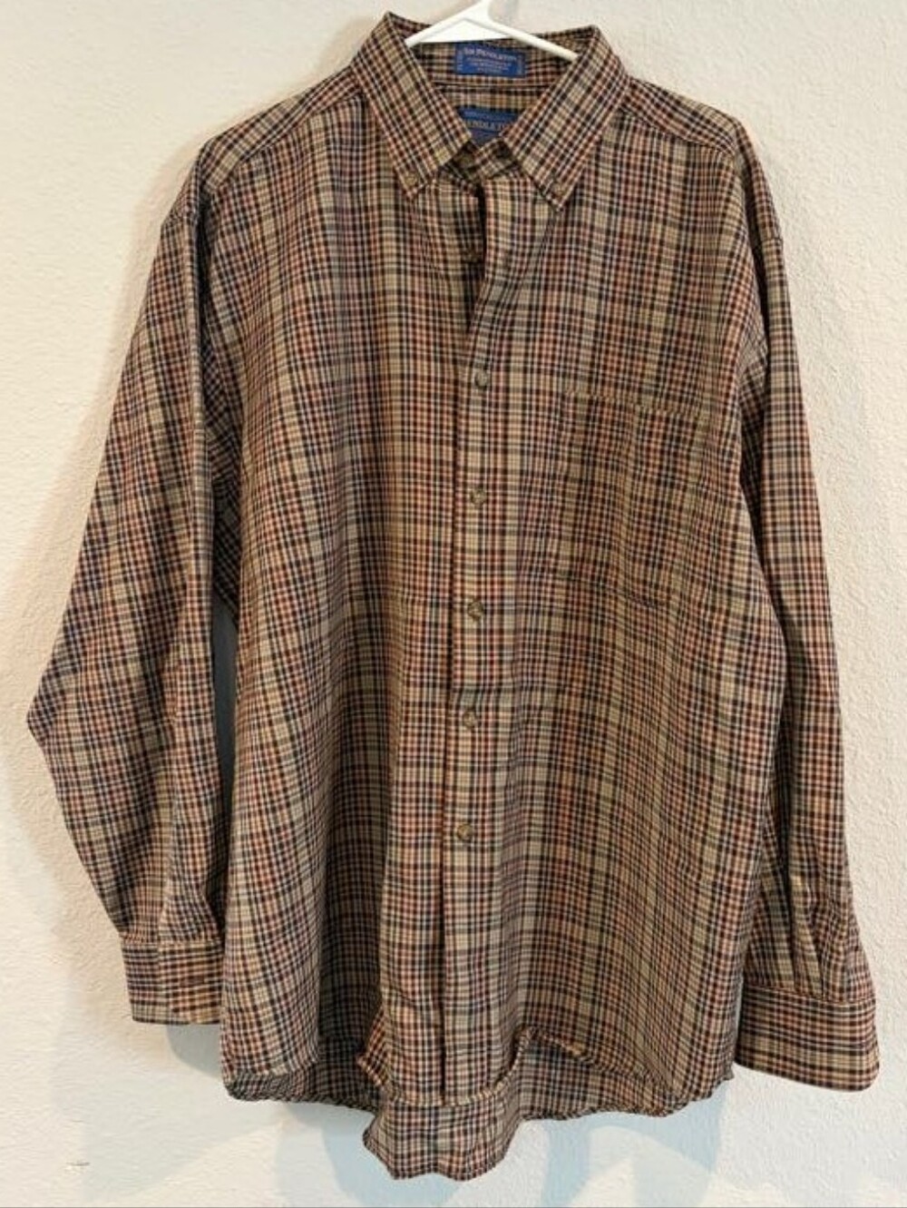 Pendleton Vintage Mens 100% Pure Virgin Wool Tan Brown Plaid Pocket Shirt Size L